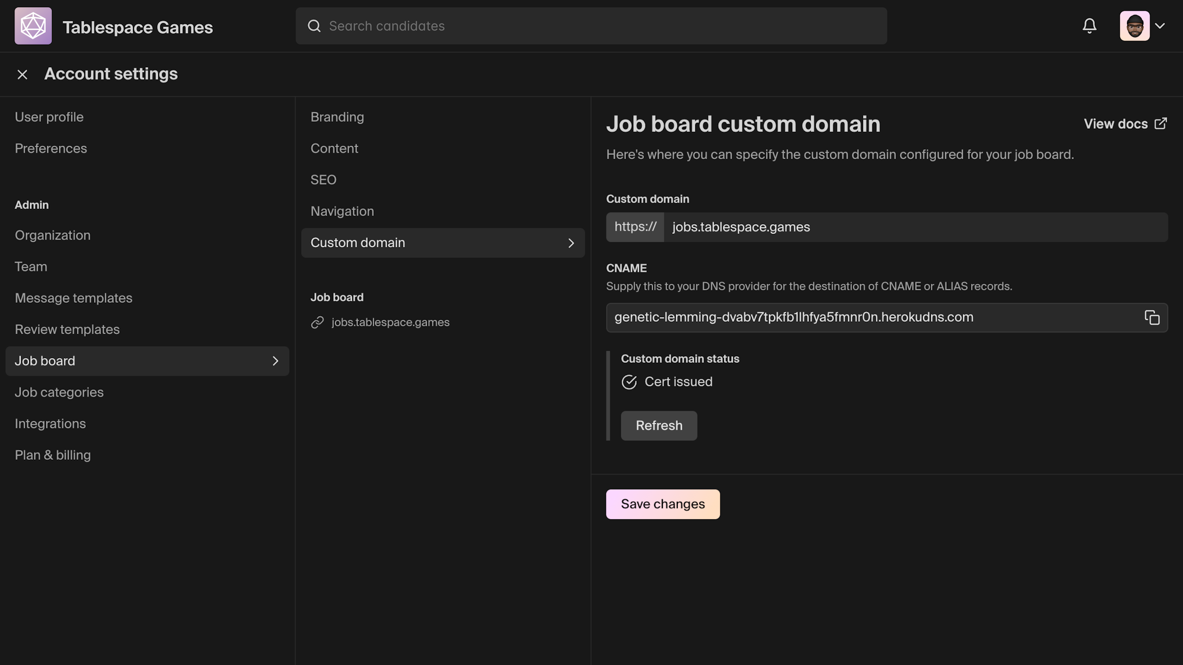 A screenshot a settings screen in the Polymer hiring app